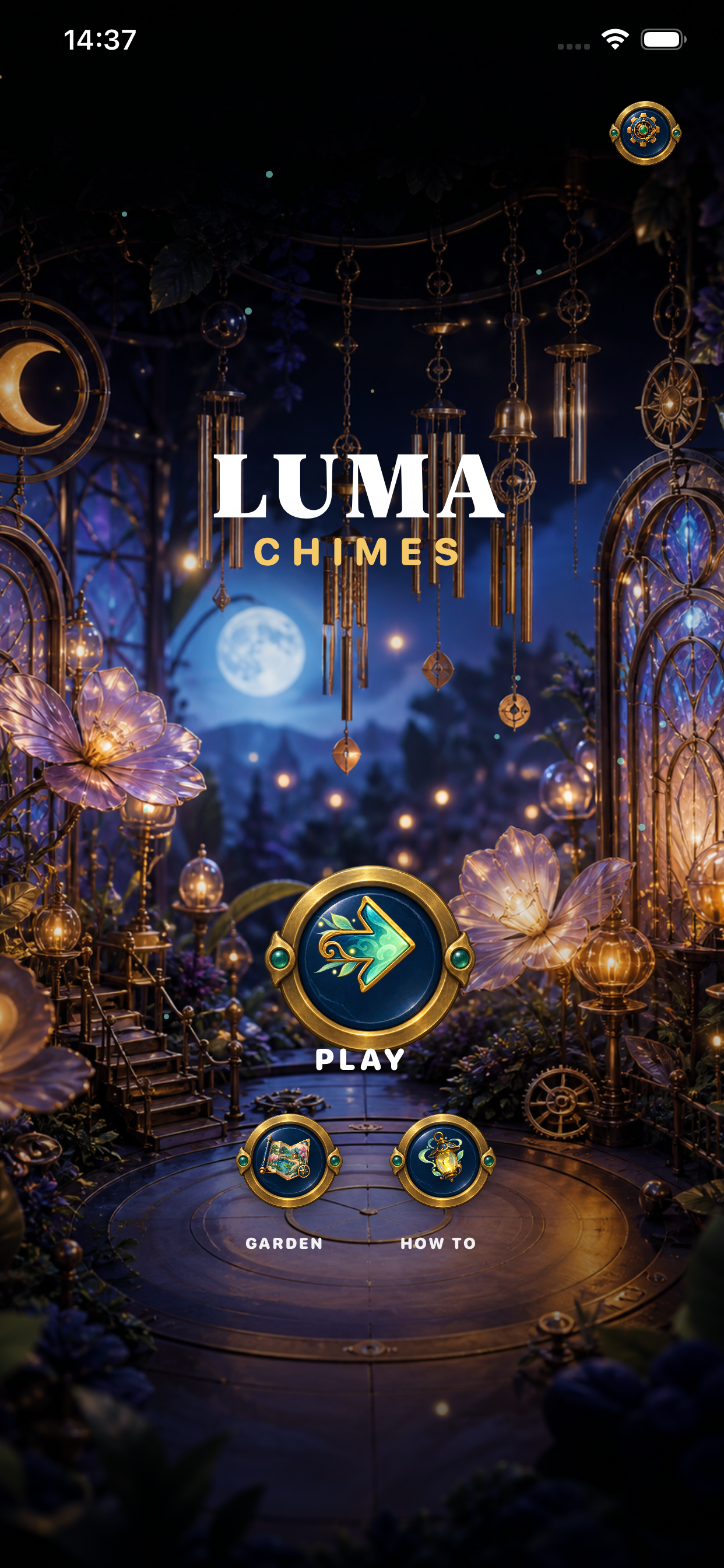 Luma Chimes home screen with a moonlit garden and play button